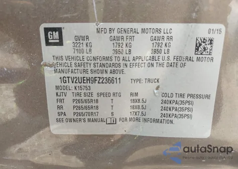 2015 GMC Sierra 1500 Sle из США, поврежденный, VIN 1GTV2UEH9FZ236611